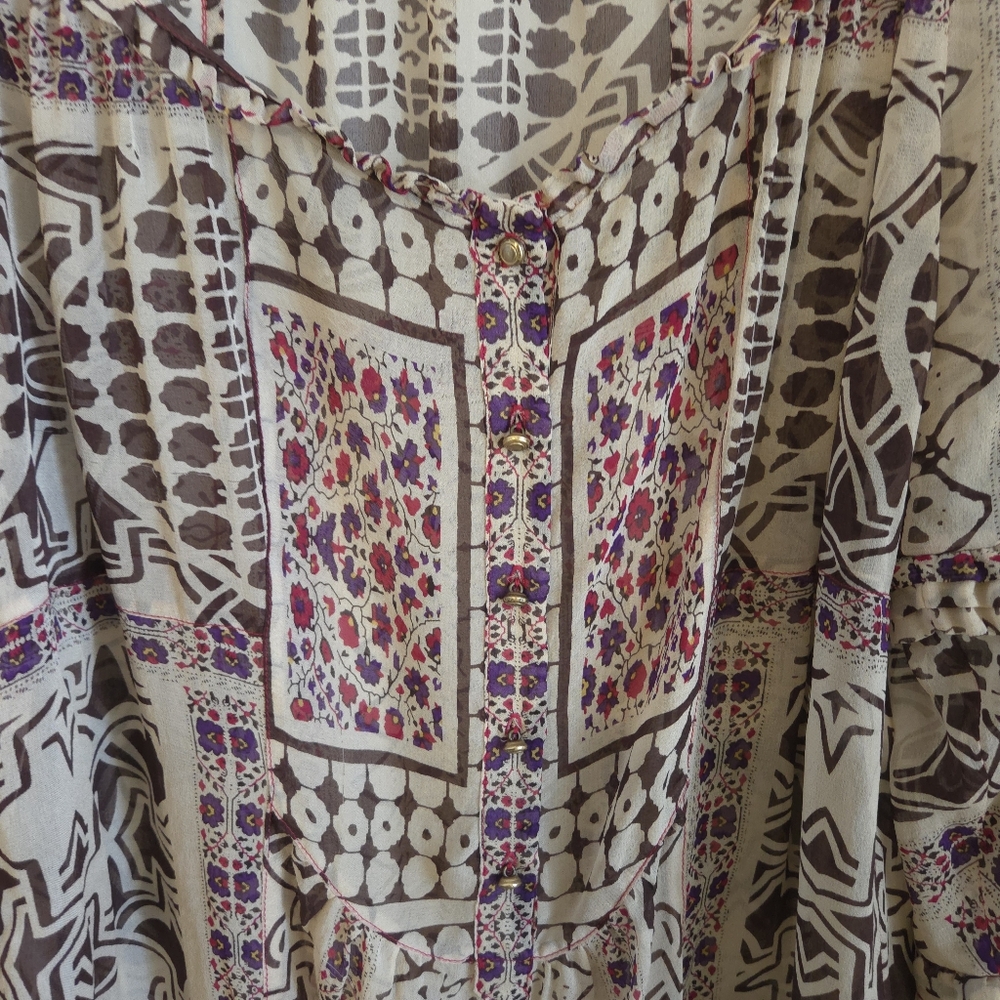 Diane Von Furstenberg Womens Ruffle Blouse 100% Silk Geometric BrownCream Size 0 - Picture 7 of 15